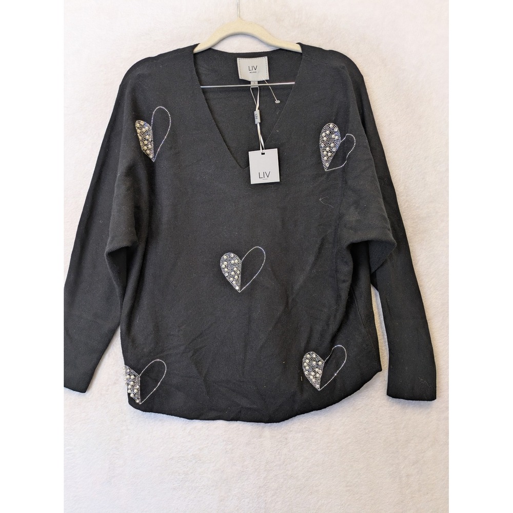 LIV Milano Women's L Black V-Neck Heart Embellished Pearl Rhinestone Sweater NWT